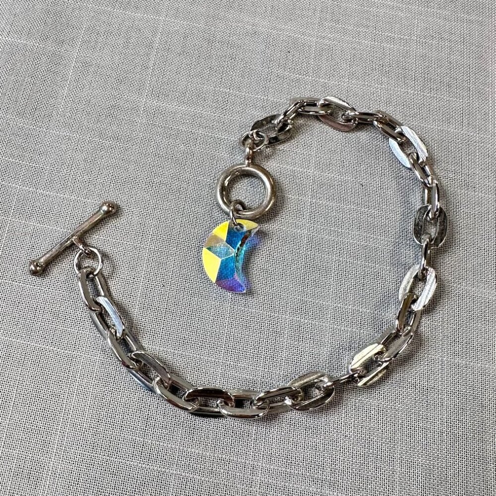 Silver Tone Large Link Bracelet with AB Moon Charm